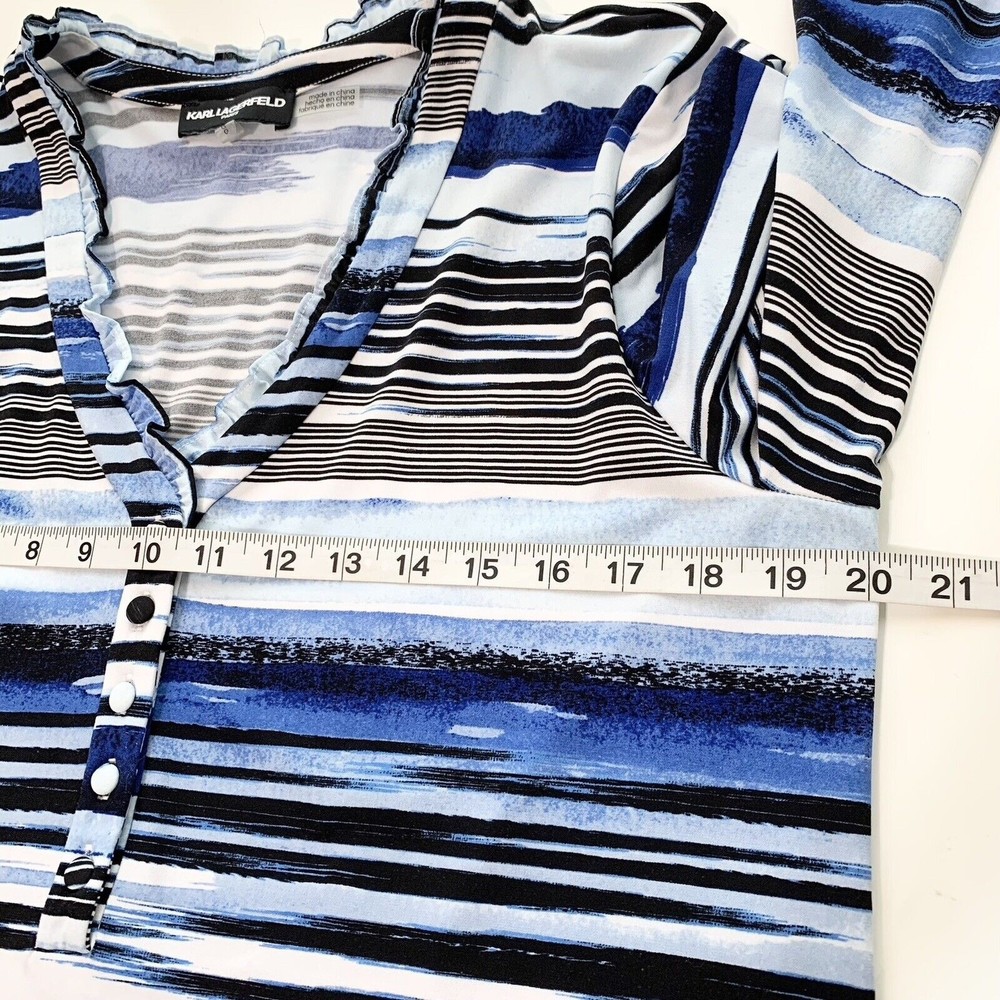 Karl Lagerfeld Womens L Blue Stripe Ruffle Collar 3/4 Sleeve Jersey Top Blouse - Picture 9 of 11